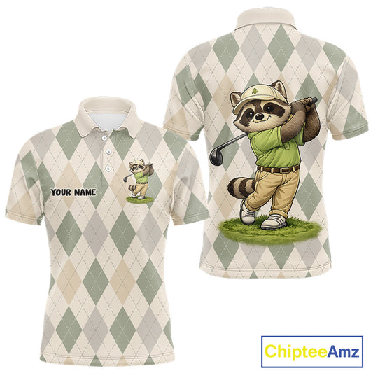 Personalized Raccoon Golfer Polo Shirt Funny Golf Argyle Pattern Custom Name Golf Lover Gift