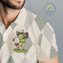 Load image into Gallery viewer, Personalized Raccoon Golfer Polo Shirt Funny Golf Argyle Pattern Custom Name Golf Lover Gift 