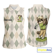 Load image into Gallery viewer, Personalized Raccoon Womens Sleeveless Golf Polo Shirt Funny Golf Argyle Pattern Custom Name Golf Lover Gift 
