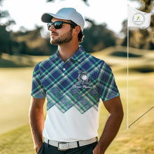 Load image into Gallery viewer, White Blue Argyle Pattern Mens Golf Shirt Golf &amp; Custom Name Mens Golf Polo Shirt NHT558