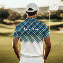 Load image into Gallery viewer, White Blue Argyle Pattern Mens Golf Shirt Golf &amp; Custom Name Mens Golf Polo Shirt NHT558