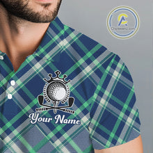 Load image into Gallery viewer, White Blue Argyle Pattern Mens Golf Shirt Golf &amp; Custom Name Mens Golf Polo Shirt NHT558