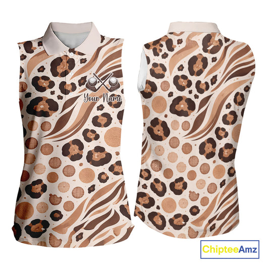 White Animal Mix Leopard Skin Prints Pattern Womens Sleeveless Golf Shirts Custom Name For Womens NHT575