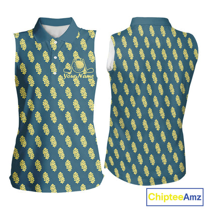 Teal Sleeveless Womens Golf Polo Shirt With Flower Pattern – Lightweight Performance Polo For Women NHT782