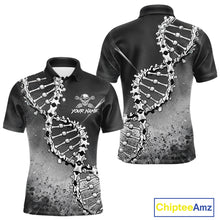 Load image into Gallery viewer, Custom Black Grey Mens Golf Polo Shirt DNA Skull Design, Personalized Name Golf Shirt, Golf Team Shirt NHT793