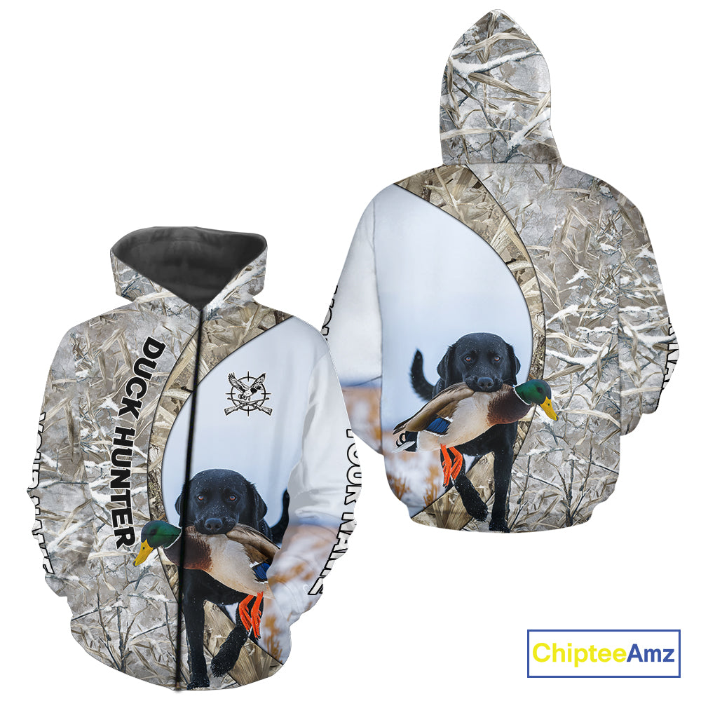 Duck Hunting Winter Camo Black Lab 3D All-Over Printed Shirt, Gift for Waterfowl Hunters NHT250