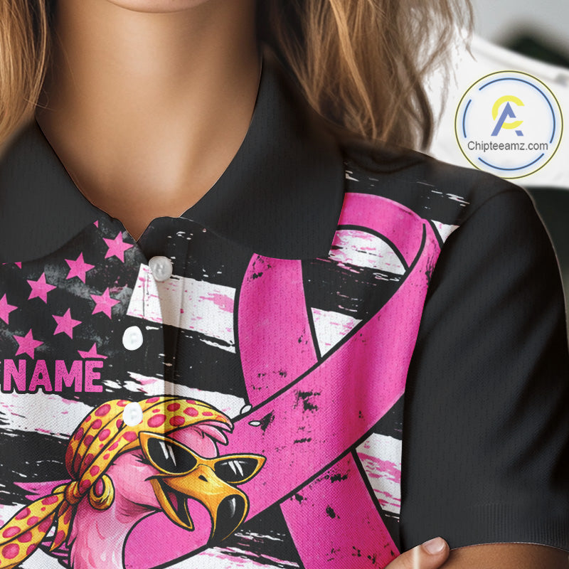 Pink Ribbon American Flag Flamingo Funny Women Golf Polo Shirts Custom Breast Cancer Awareness NHT798