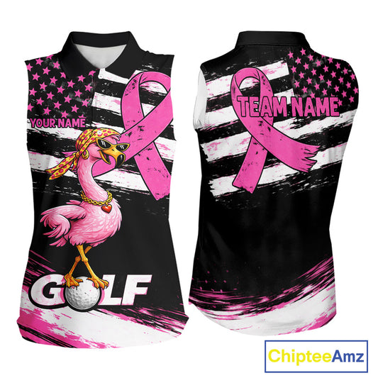 Pink Ribbon American Flag Flamingo Funny Women Golf Polo Shirts Custom Breast Cancer Awareness NHT798