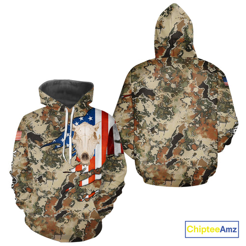 Boar Hunting Shirt Camo Custom Name American Flag Skull Hunting Clothes For Hunters NHT159