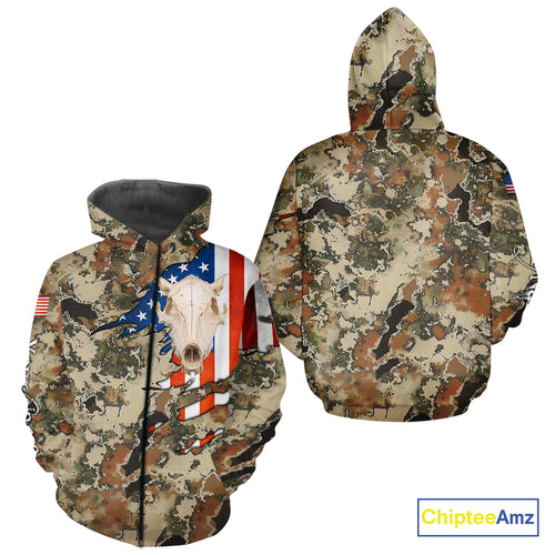Boar Hunting Shirt Camo Custom Name American Flag Skull Hunting Clothes For Hunters NHT159