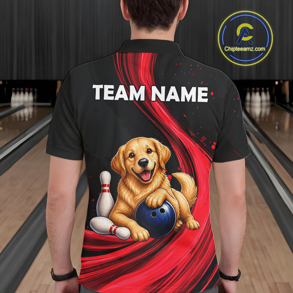 A person viewed from behind wearing a black short-sleeve bowling-themed shirt with a large golden retriever graphic, bowling pins, a blue bowling ball, red swooshes, and the text 'TEAM NAME' on the back. Bowling lanes are visible in the background, and a circular 'Chipteeamz.
