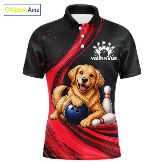 A short-sleeve polo shirt with a black and red graphic design, featuring an illustration of a golden retriever holding a bowling ball with bowling pins and a bowling pin on the front. The shirt has a white collar, white buttons, and 'YOUR NAME' printed on the chest with a bowling pin graphic above it.