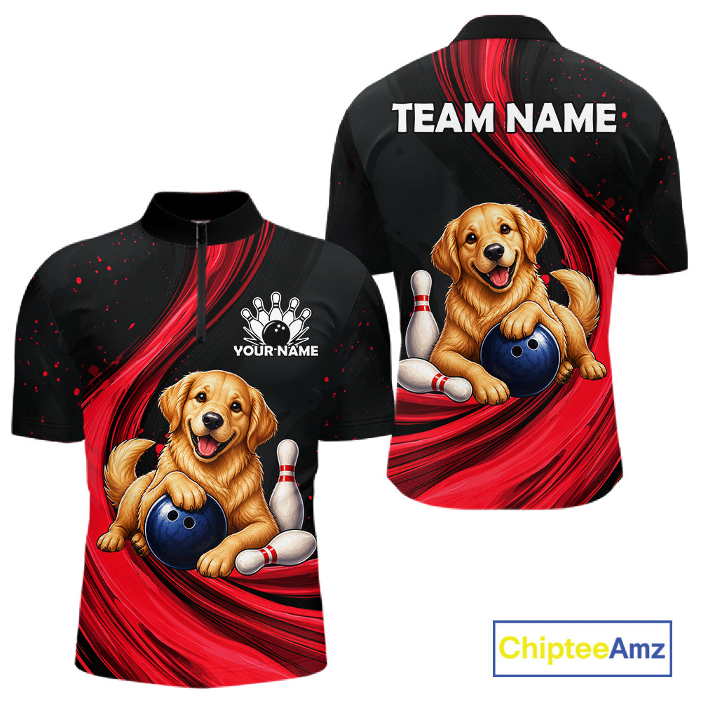 Front and back views of a black and red bowling-themed short-sleeve quarter-zip shirt with a cartoon golden retriever graphic, customizable text placeholders, and a ChipteeAmz logo on a white background.