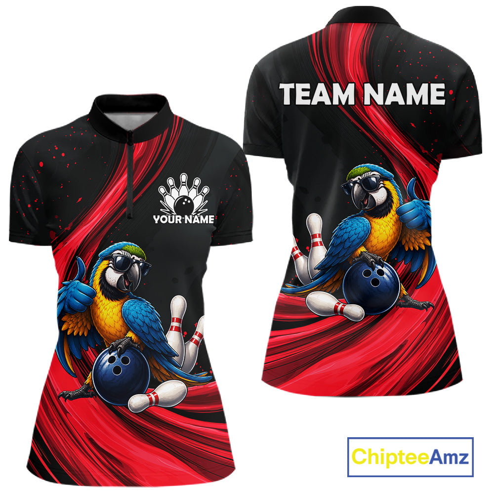 Custom bowling-themed short-sleeve polo shirt shown from the front and back. The black polo features a vibrant red abstract background with cartoon blue and yellow macaws holding bowling balls and pins, plus customizable text areas reading 'YOUR NAME' on the front chest and 'TEAM NAME' on the back.