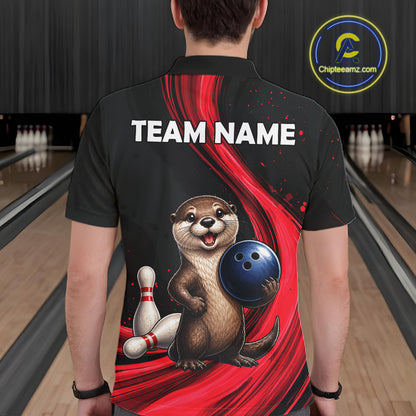 A person shown from the back wearing a black short-sleeve bowling-themed shirt with a large cartoon otter holding a blue bowling ball, white bowling pins, and bold red graphic swirls. The shirt also has the text 'TEAM NAME' across the upper back.
