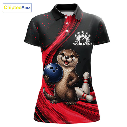 A short-sleeve polo shirt with a black and red graphic design featuring a cartoon otter holding a bowling ball next to bowling pins. The shirt has a white customizable handprint logo on the left chest that reads 'YOUR NAME'.