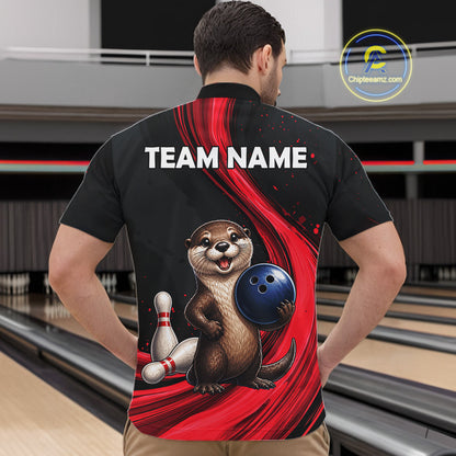 Otter Bowling Shirt Custom Name Black Red Bowling Ball Personalized Team Jersey For Men NHT1273