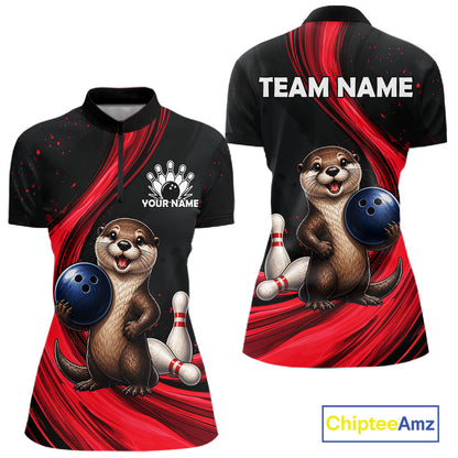 Front and back views of a black short-sleeve polo shirt with a red abstract graphic background, featuring a cartoon otter holding a bowling ball, bowling pins, and customizable text areas on the chest and back. A ChipteeAmz logo is visible in the bottom right corner.