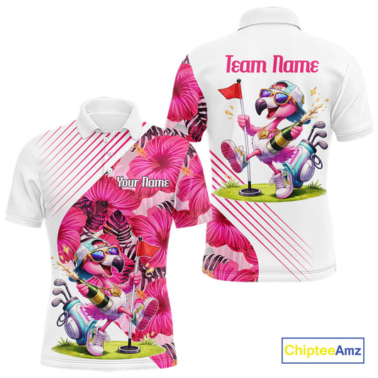 Custom Flamingo Funny Mens Golf Polo Shirt – Personalized Tropical Flower Design NHT595