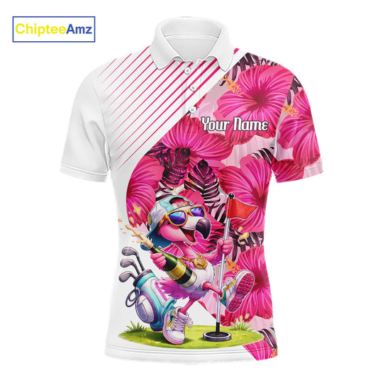 Custom Flamingo Funny Mens Golf Polo Shirt – Personalized Tropical Flower Design NHT595
