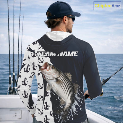 Personalized Striped Bass Hooded  Fishing Shirts Long Sleeve With Pattern Anchor, Fishing Shirt Jersey NHT611
