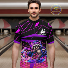 Load image into Gallery viewer, Man wearing a colorful bowling shirt with a raccoon design in a bowling alley.