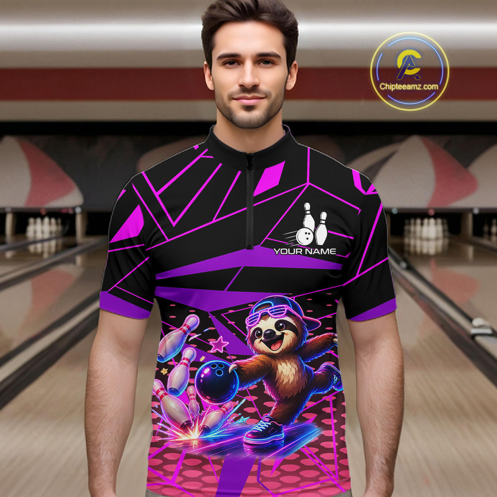 Man wearing a colorful bowling shirt with a design of a panda bowling in a bowling alley.