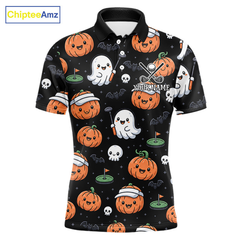 A short-sleeve polo shirt with a black base and an all-over Halloween golf-themed print featuring orange pumpkins, white ghosts, skulls, bats, and green golf holes. The shirt has a custom name placeholder on the chest and is shown on a plain white background with a ChipteeAmz logo in the top-left corner.