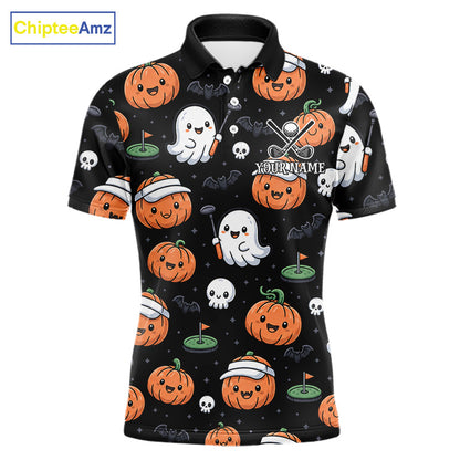 A short-sleeve polo shirt with a black base and an all-over Halloween golf-themed print featuring orange pumpkins, white ghosts, skulls, bats, and green golf holes. The shirt has a custom name placeholder on the chest and is shown on a plain white background with a ChipteeAmz logo in the top-left corner.