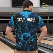 Load image into Gallery viewer, Person wearing a blue and black bowling shirt with 'TEAM NAME' on the back in a bowling alley.