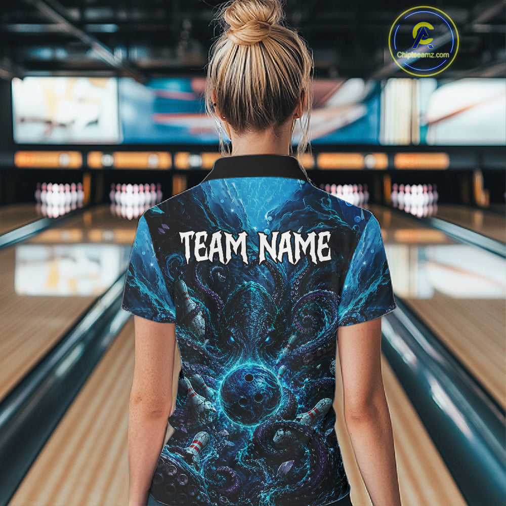 Person wearing a blue bowling shirt with 'TEAM NAME' on the back in a bowling alley.