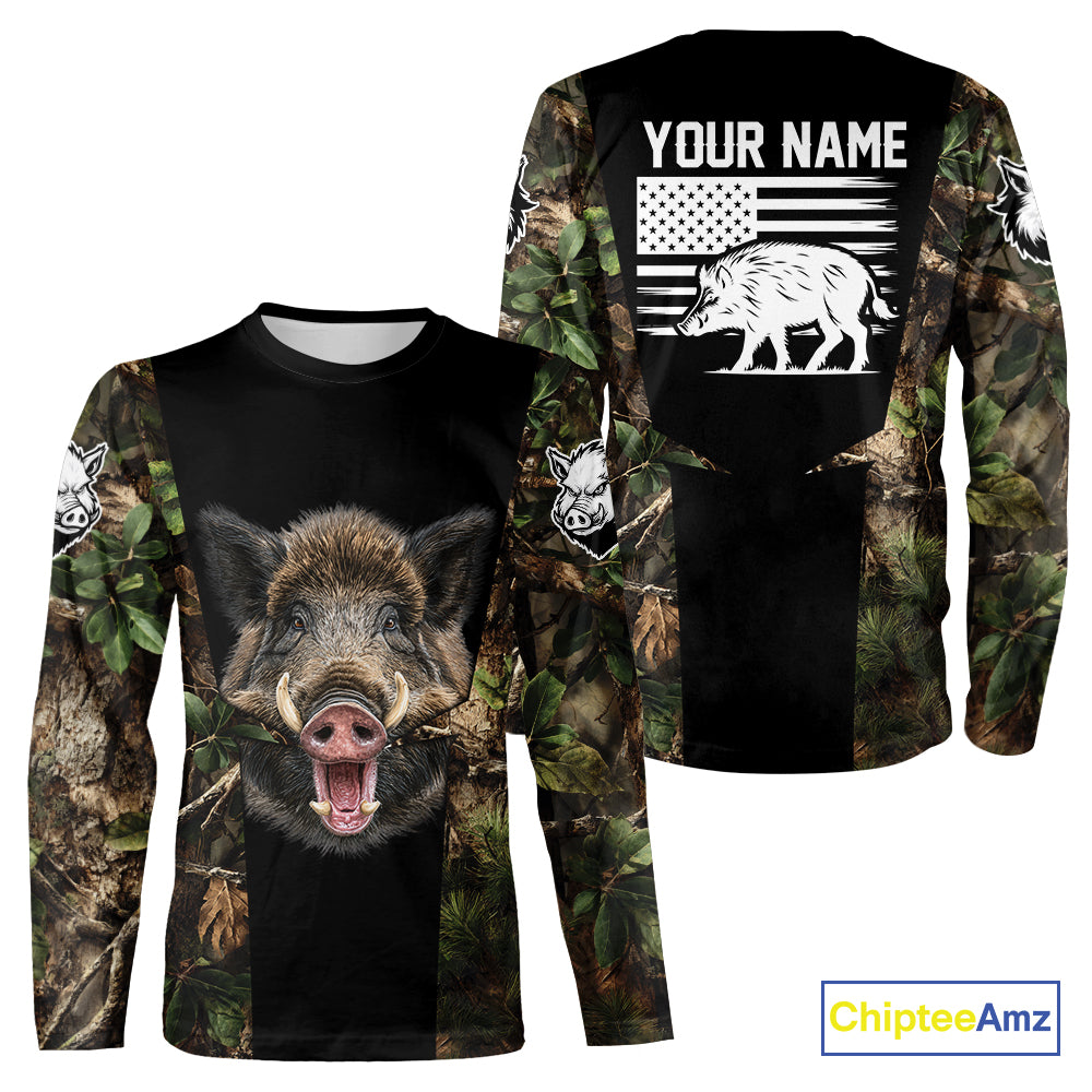 Custom Wild Boar Hunting 3D Shirt Black and Forest Camo with US Flag, Boar Hunting Gifts NHT181