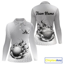 Load image into Gallery viewer, Personalized Flaming Golf Ball Womens Polo Shirt Gray Fire Design Custom Name Golf Shirts For Team NHT619