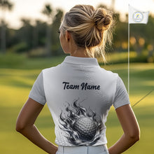 Load image into Gallery viewer, Personalized Flaming Golf Ball Womens Polo Shirt Gray Fire Design Custom Name Golf Shirts For Team NHT619