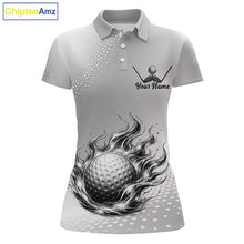 Load image into Gallery viewer, Personalized Flaming Golf Ball Womens Polo Shirt Gray Fire Design Custom Name Golf Shirts For Team NHT619