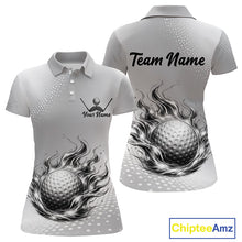 Load image into Gallery viewer, Personalized Flaming Golf Ball Womens Polo Shirt Gray Fire Design Custom Name Golf Shirts For Team NHT619