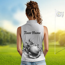 Load image into Gallery viewer, Personalized Flaming Golf Ball Sleeveless Polo Shirt Gray Fire Design Custom Name Golf Shirts For Team NHT619