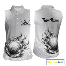 Load image into Gallery viewer, Personalized Flaming Golf Ball Sleeveless Polo Shirt Gray Fire Design Custom Name Golf Shirts For Team NHT619