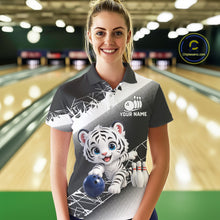 Load image into Gallery viewer, Woman wearing a bowling shirt with a tiger design in a bowling alley.