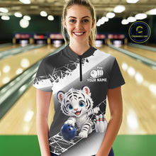 Load image into Gallery viewer, Woman wearing a bowling shirt with a tiger design in a bowling alley.