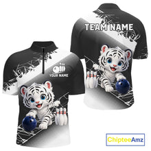 Load image into Gallery viewer, Customizable bowling shirt with a tiger design and space for team name and player name, featuring Chiptee Amz branding.