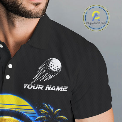 Personalized Golden Retriever Golf Shirt, Neon Blue Cyberpunk Dog Golf Polo Shirt For Men