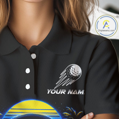 Personalized Golden Retriever Golf Shirt, Neon Blue Cyberpunk Dog Golf Polo Shirt For Womens
