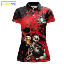 Load image into Gallery viewer, Custom Skeleton Beer Bowling Jersey, Red Splatter Skull Polo &amp; Quarter-Zip Shirt Gift For Women 