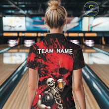 Load image into Gallery viewer, Person wearing a bowling shirt with a skeleton design in a bowling alley.