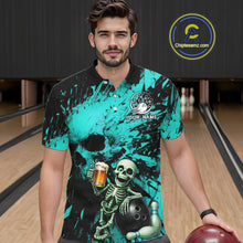 Load image into Gallery viewer, Man wearing a custom bowling shirt with a skeleton design in a bowling alley.