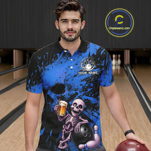 Load image into Gallery viewer, Man wearing a blue and black graphic polo shirt with a skeleton holding a beer and bowling ball in a bowling alley.