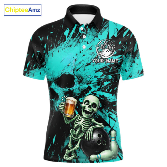 Custom Skeleton Beer Bowling Jersey, Turquoise Splatter Skull Polo & Quarter-Zip Shirt Gift For Men 