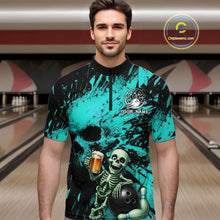 Load image into Gallery viewer, Man wearing a teal and black bowling shirt with a skeleton design in a bowling alley.