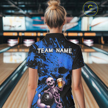 Load image into Gallery viewer, Person wearing a bowling shirt with a skeleton design in a bowling alley.